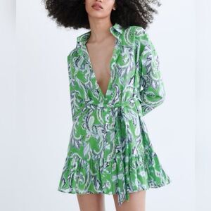 Zara Green Paisley Cotton Long Sleeve Mini Shirt Dress XS